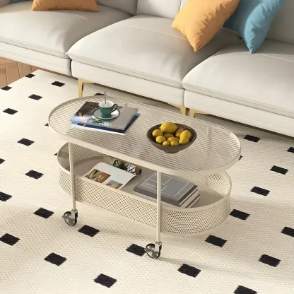 Modern Metal Oval Coffee Table with Storage & Wheels Image - 7