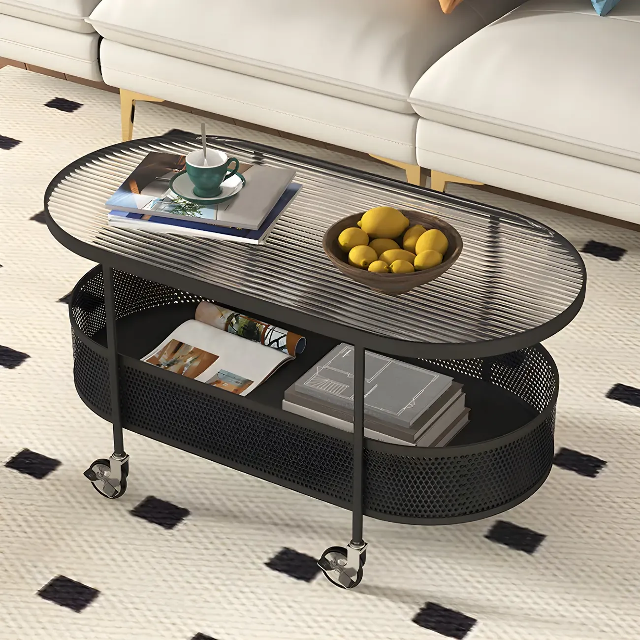 Modern Metal Oval Coffee Table with Storage & Wheels Image - 8