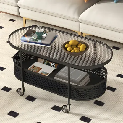 Modern Metal Oval Coffee Table with Storage & Wheels Image - 8