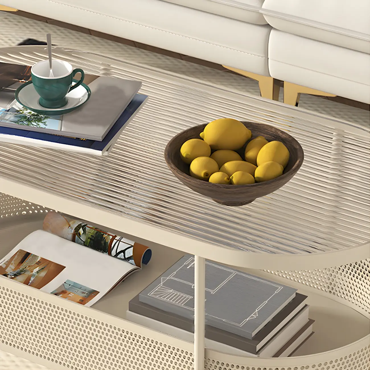 Modern Metal Oval Coffee Table with Storage & Wheels Image - 10 | homeyfad