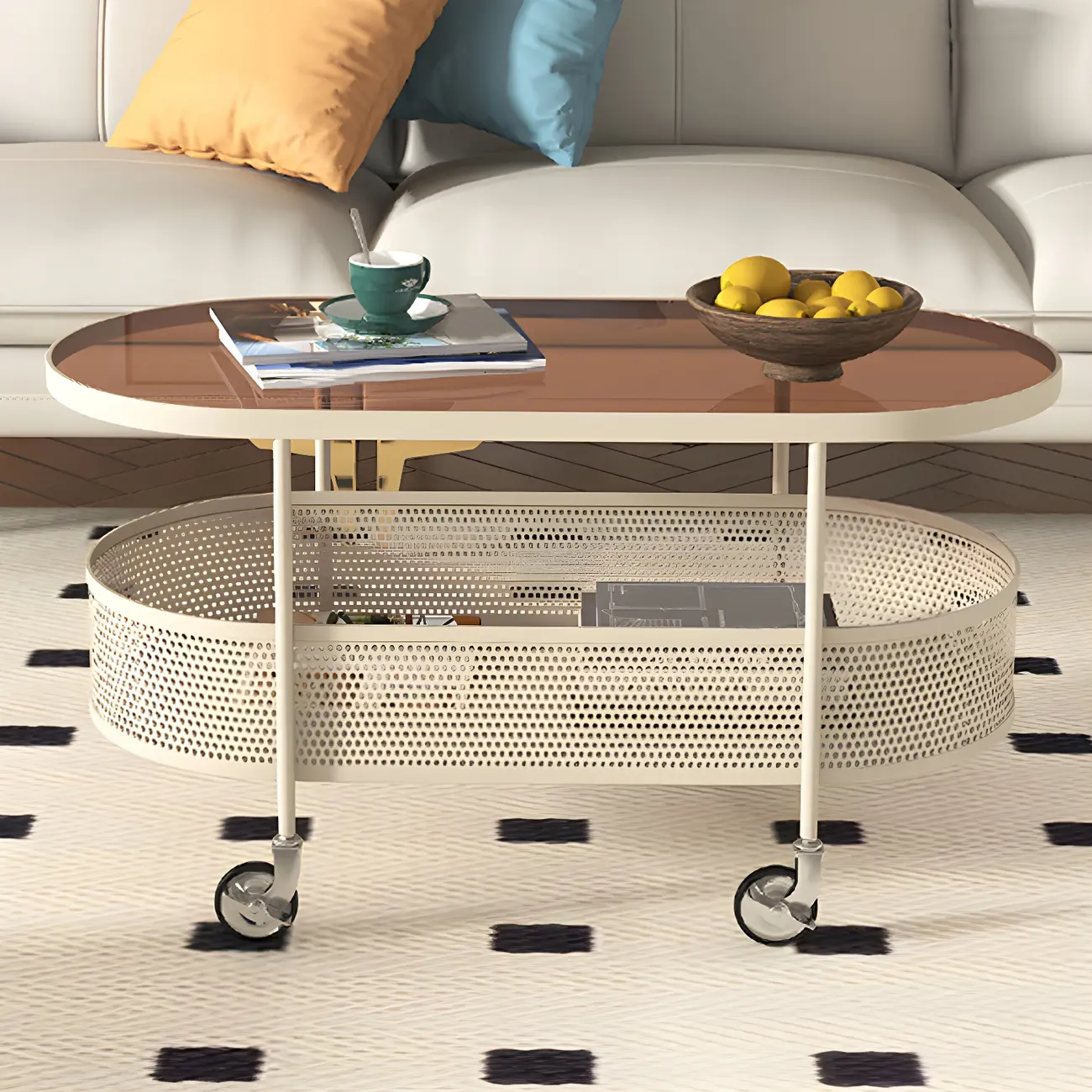 Modern Metal Oval Coffee Table with Storage & Wheels Image - 11 | homeyfad