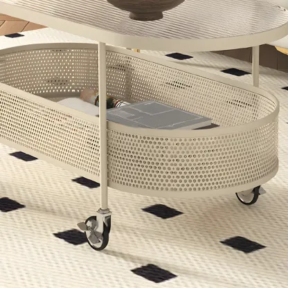 Modern Metal Oval Coffee Table with Storage & Wheels Image - 12