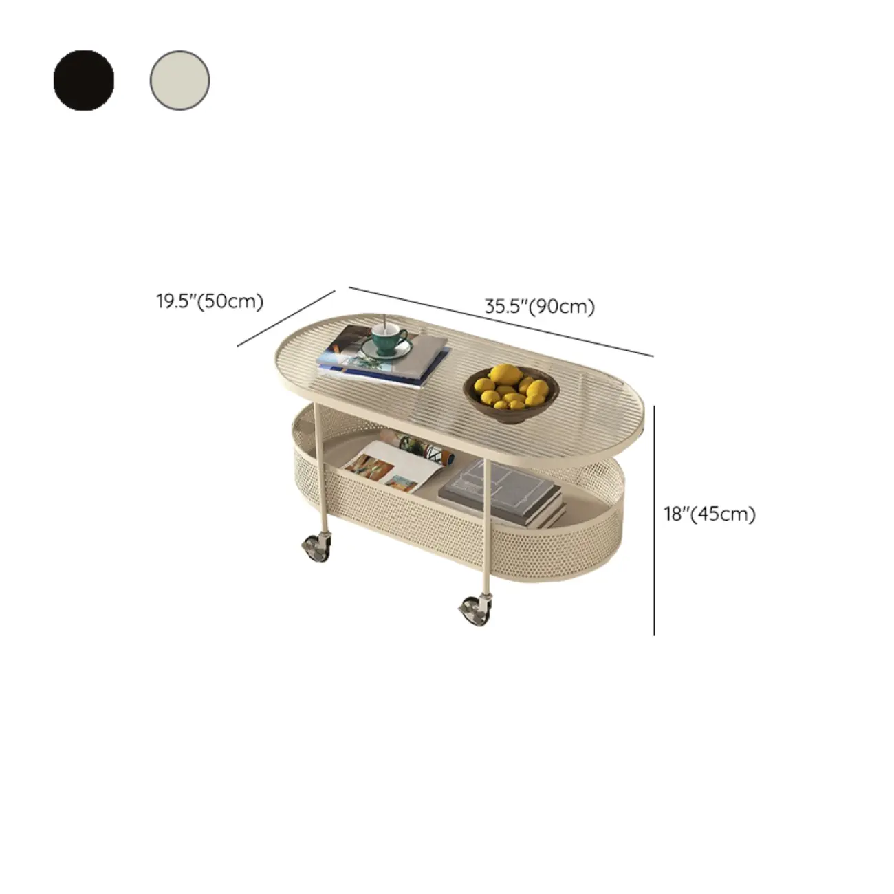 Modern Metal Oval Coffee Table with Storage & Wheels #size