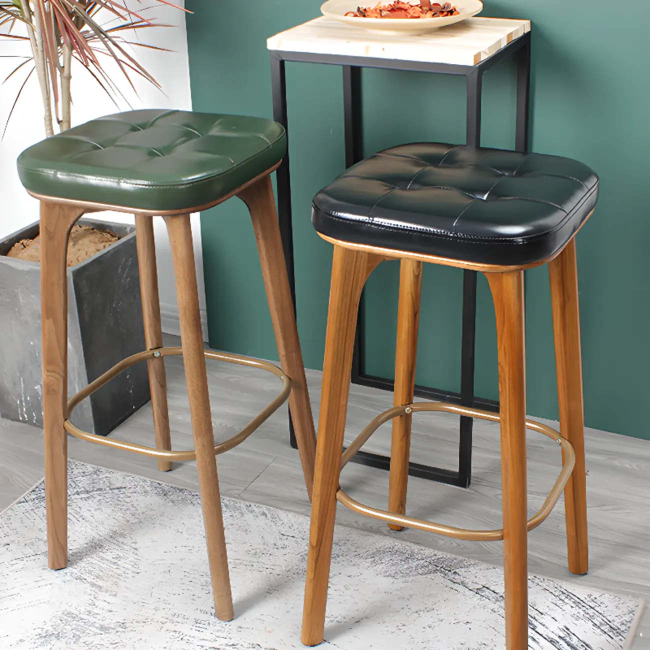 Green Tufted Faux Leather Backless Four Legs Bar Stools Image - 1 | homeyfad