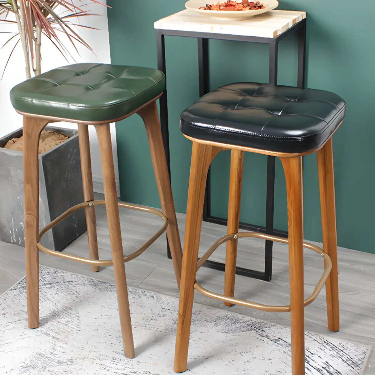 Green Tufted Faux Leather Backless Four Legs Bar Stools Image - 1