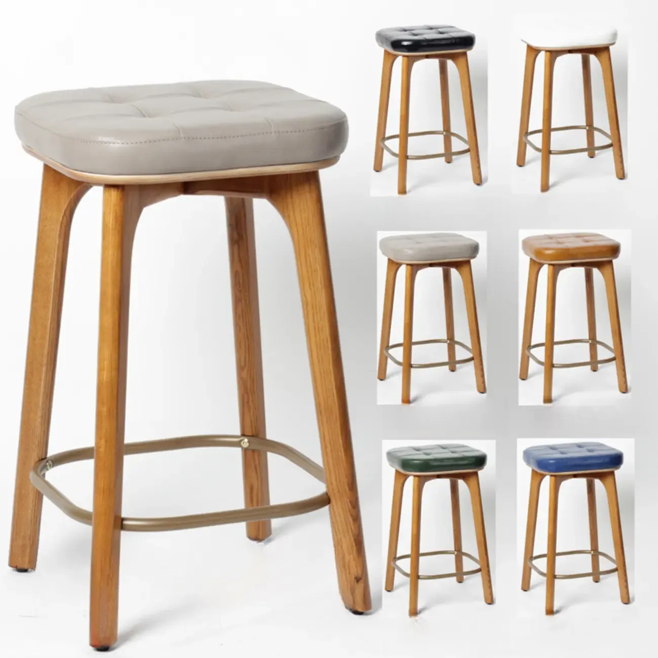 Green Tufted Faux Leather Backless Four Legs Bar Stools Image - 3