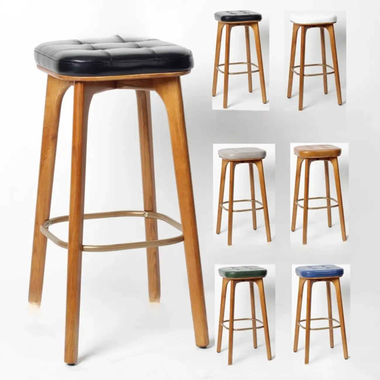 Green Tufted Faux Leather Backless Four Legs Bar Stools Image - 4