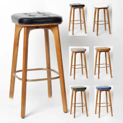 Green Tufted Faux Leather Backless Four Legs Bar Stools Image - 4