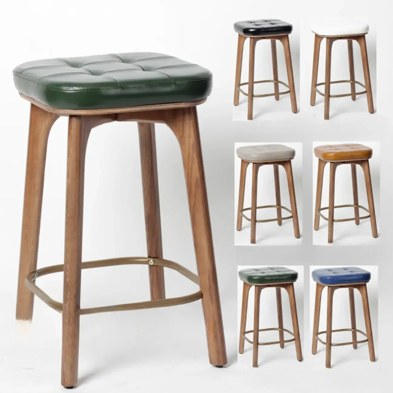 Green Tufted Faux Leather Backless Four Legs Bar Stools Image - 5