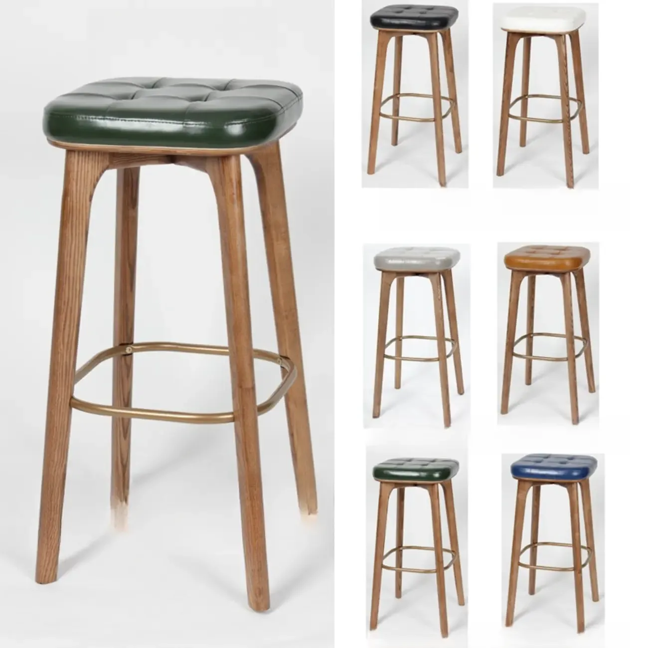 Green Tufted Faux Leather Backless Four Legs Bar Stools Image - 18