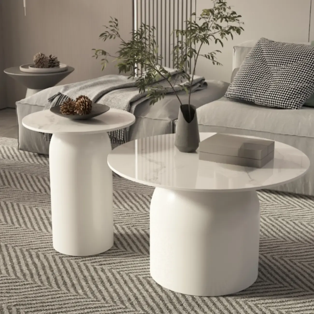 White Minimalist Round Coffee Table with Stone Top Image - 3
