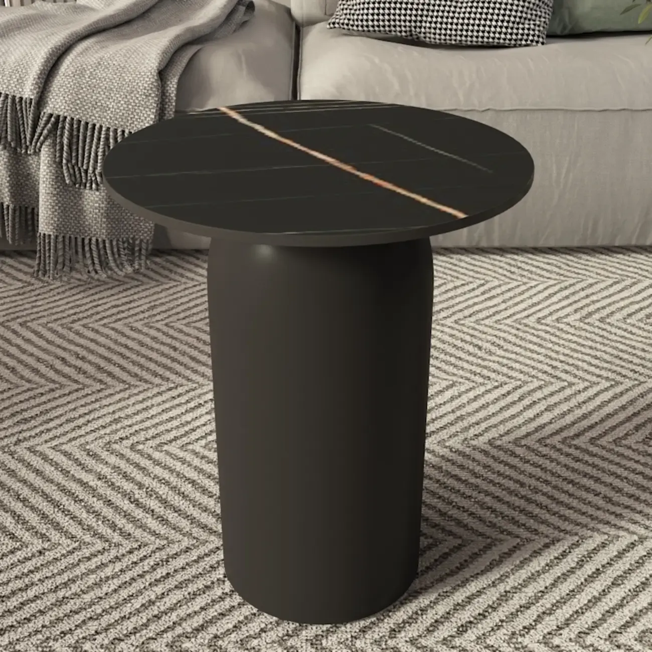 White Minimalist Round Coffee Table with Stone Top Image - 2