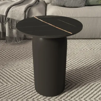 White Minimalist Round Coffee Table with Stone Top Image - 2