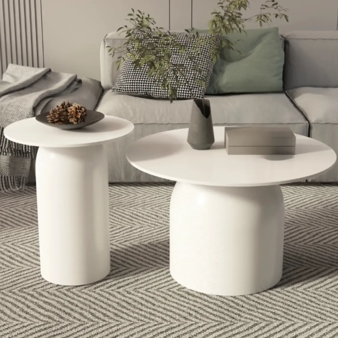 White Minimalist Round Coffee Table with Stone Top Image - 1