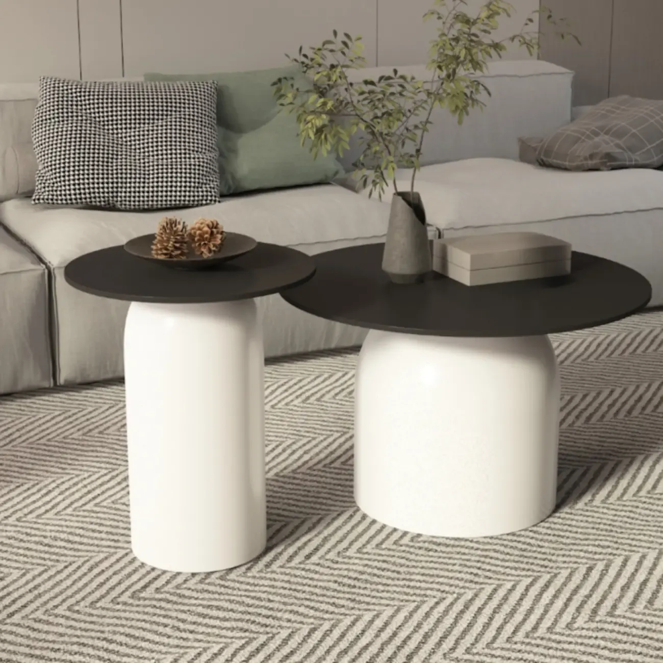 White Minimalist Round Coffee Table with Stone Top Image - 6