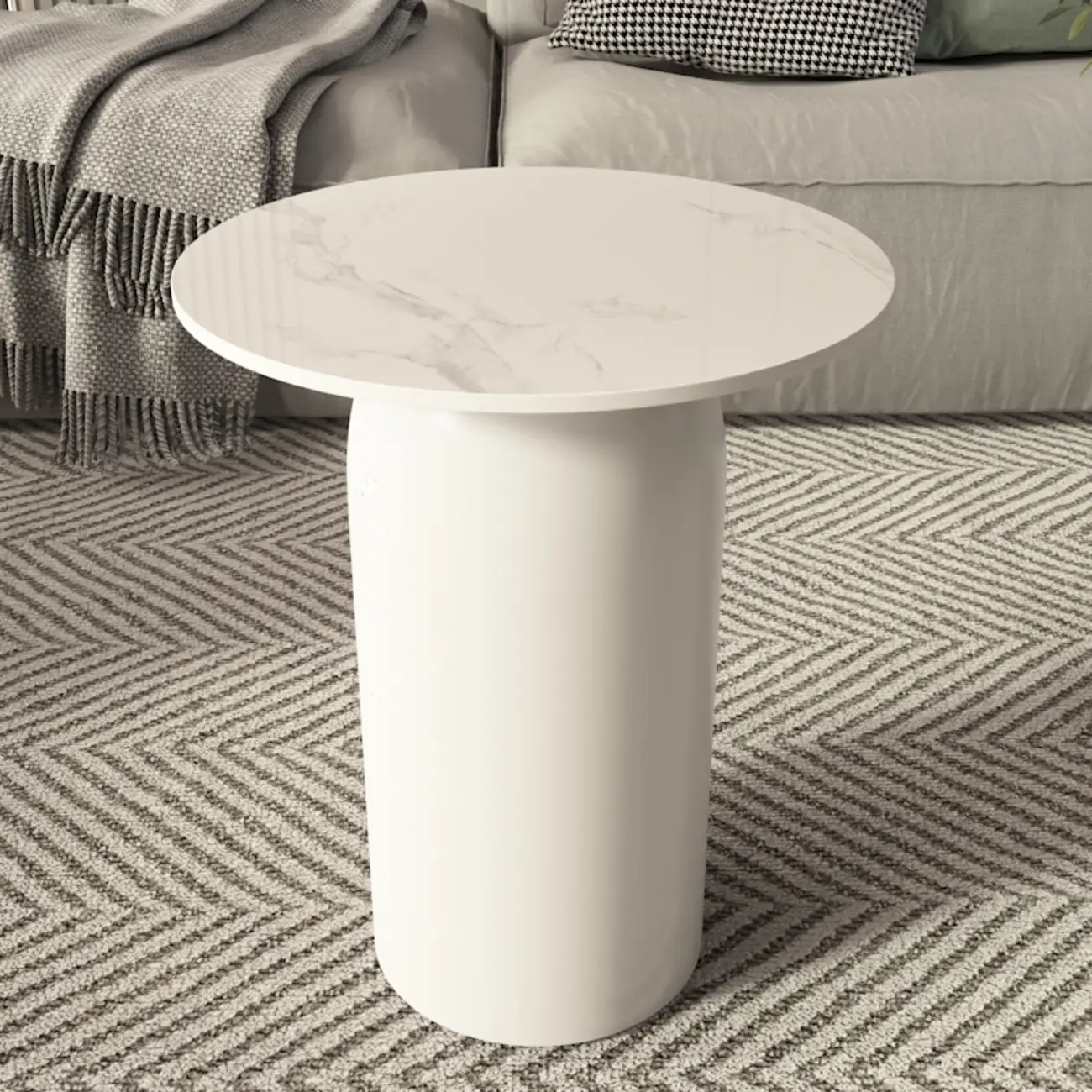 White Minimalist Round Coffee Table with Stone Top Image - 7 | homeyfad