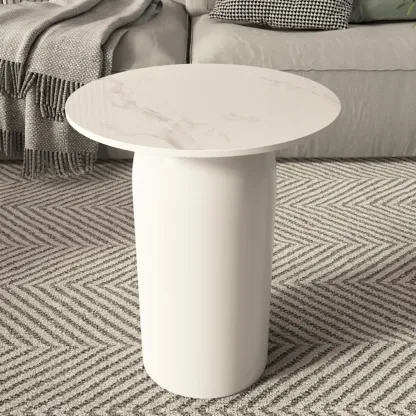 White Minimalist Round Coffee Table with Stone Top Image - 7