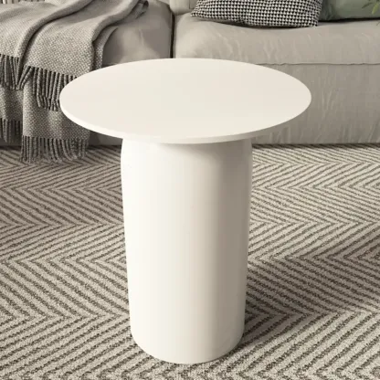 White Minimalist Round Coffee Table with Stone Top Image - 9