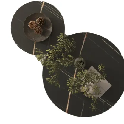 White Minimalist Round Coffee Table with Stone Top Image - 10