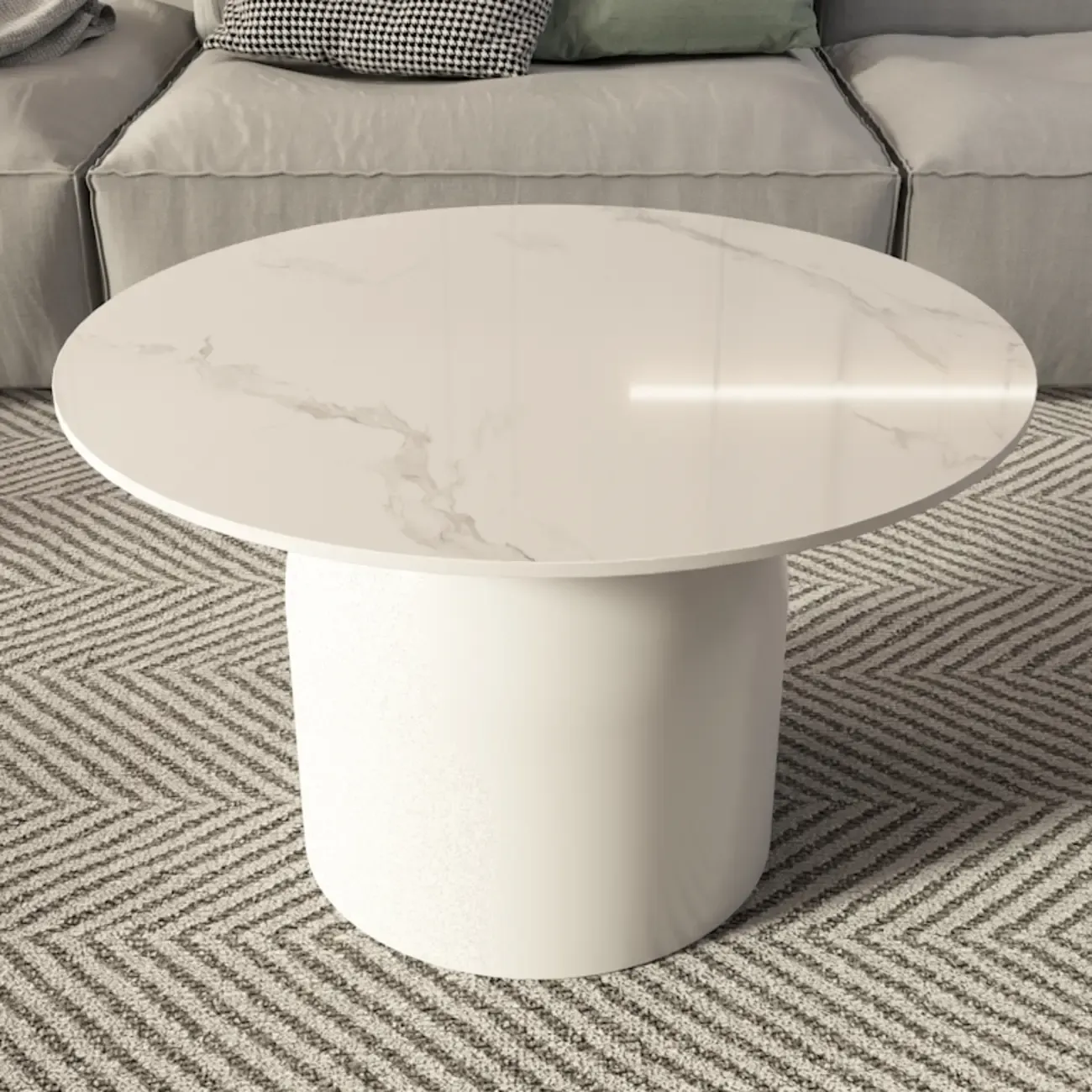 White Minimalist Round Coffee Table with Stone Top Image - 17
