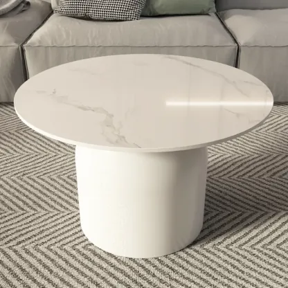 White Minimalist Round Coffee Table with Stone Top Image - 17