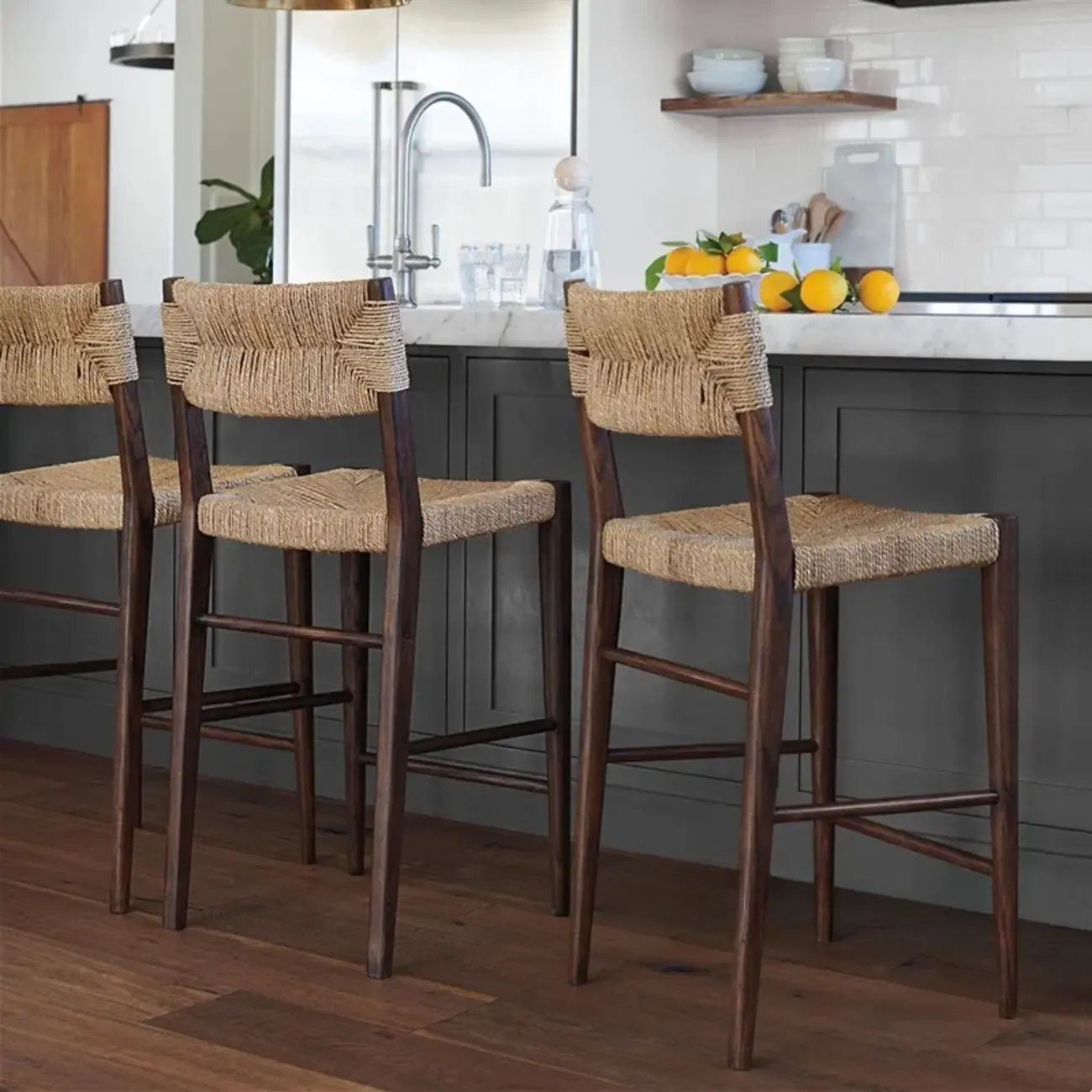 Rustic Wooden Bar Stools with Woven Seat for Kitchen Image - 1