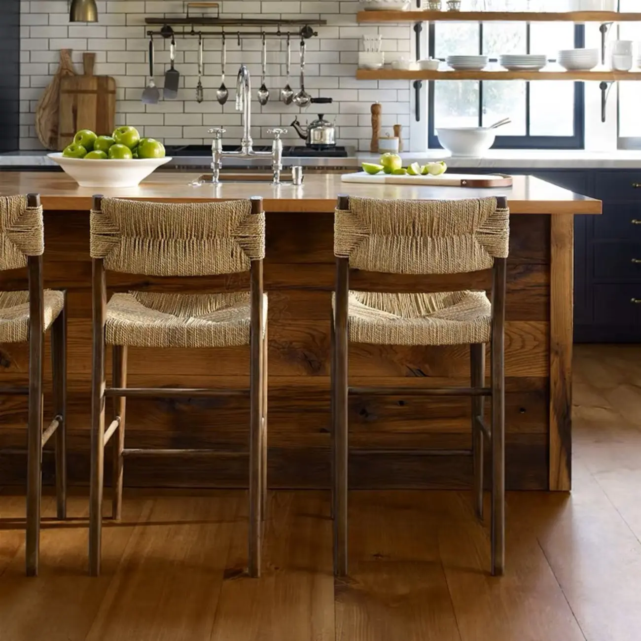 Rustic Wooden Bar Stools with Woven Seat for Kitchen Image - 2 | homeyfad