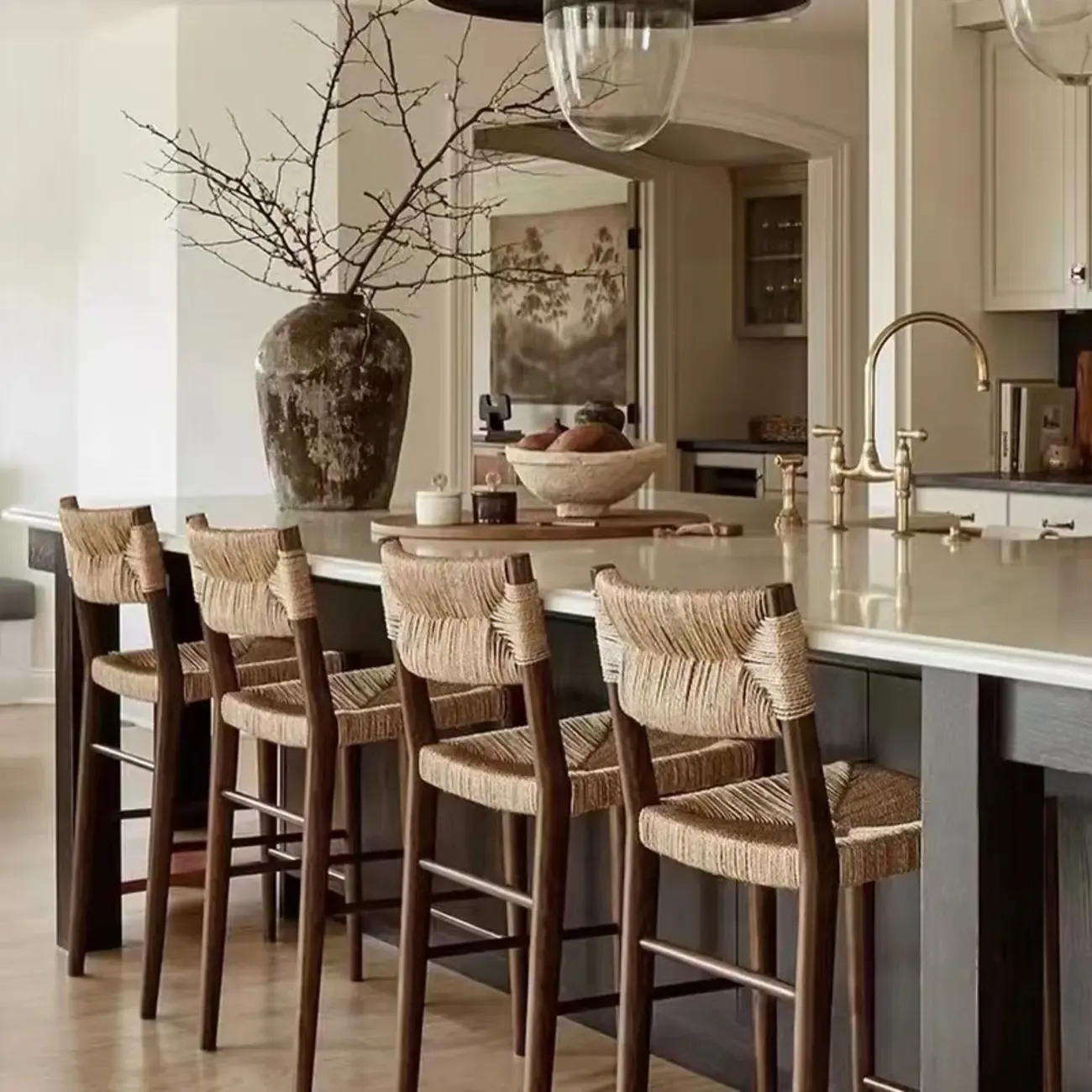 Rustic Wooden Bar Stools with Woven Seat for Kitchen Image - 3