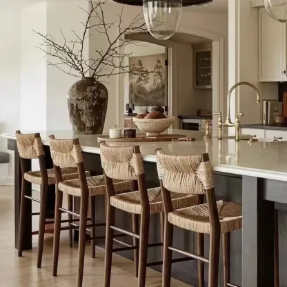 Rustic Wooden Bar Stools with Woven Seat for Kitchen Image - 3