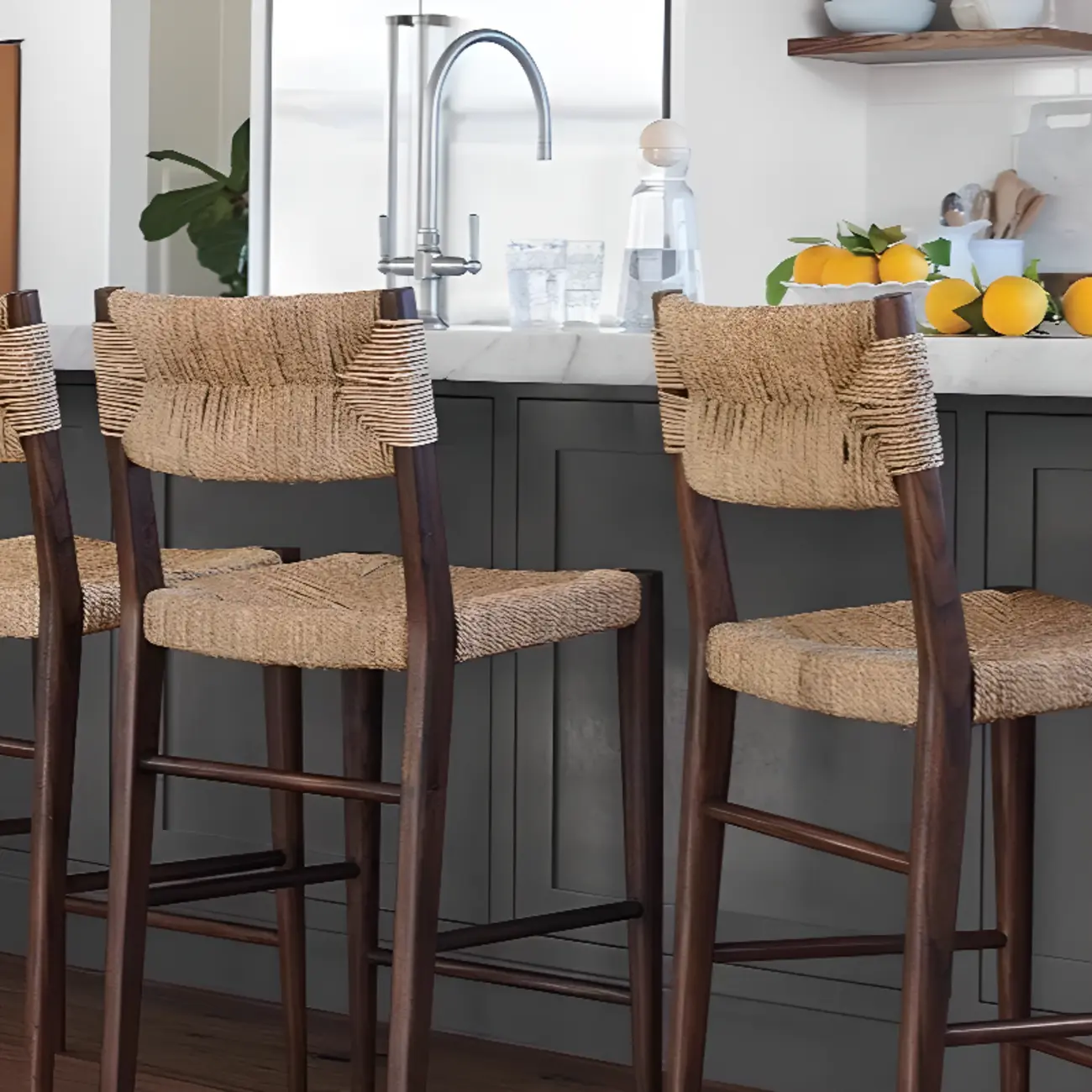 Rustic Wooden Bar Stools with Woven Seat for Kitchen Image - 4 | homeyfad
