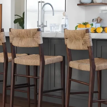 Rustic Wooden Bar Stools with Woven Seat for Kitchen Image - 4