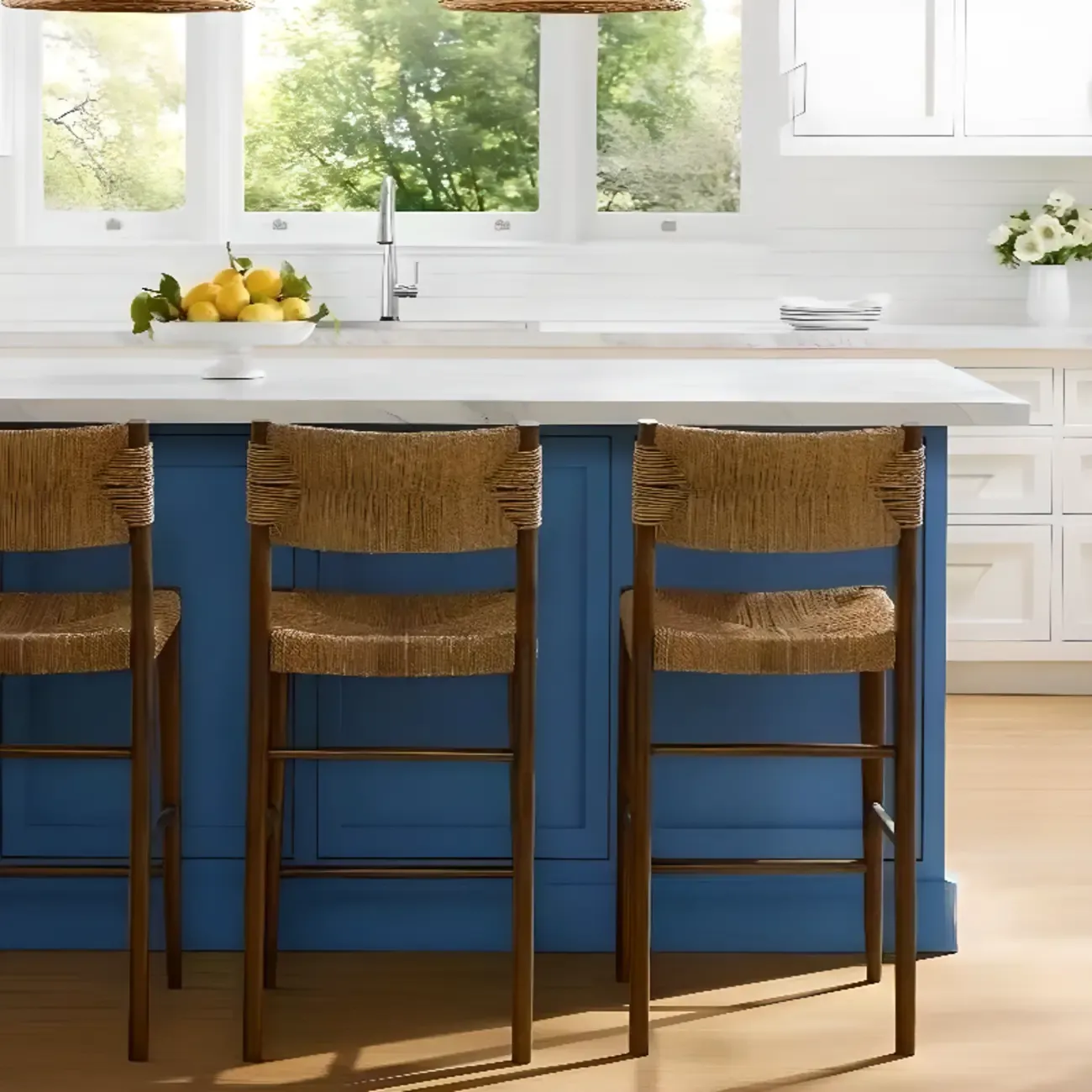 Rustic Wooden Bar Stools with Woven Seat for Kitchen Image - 5