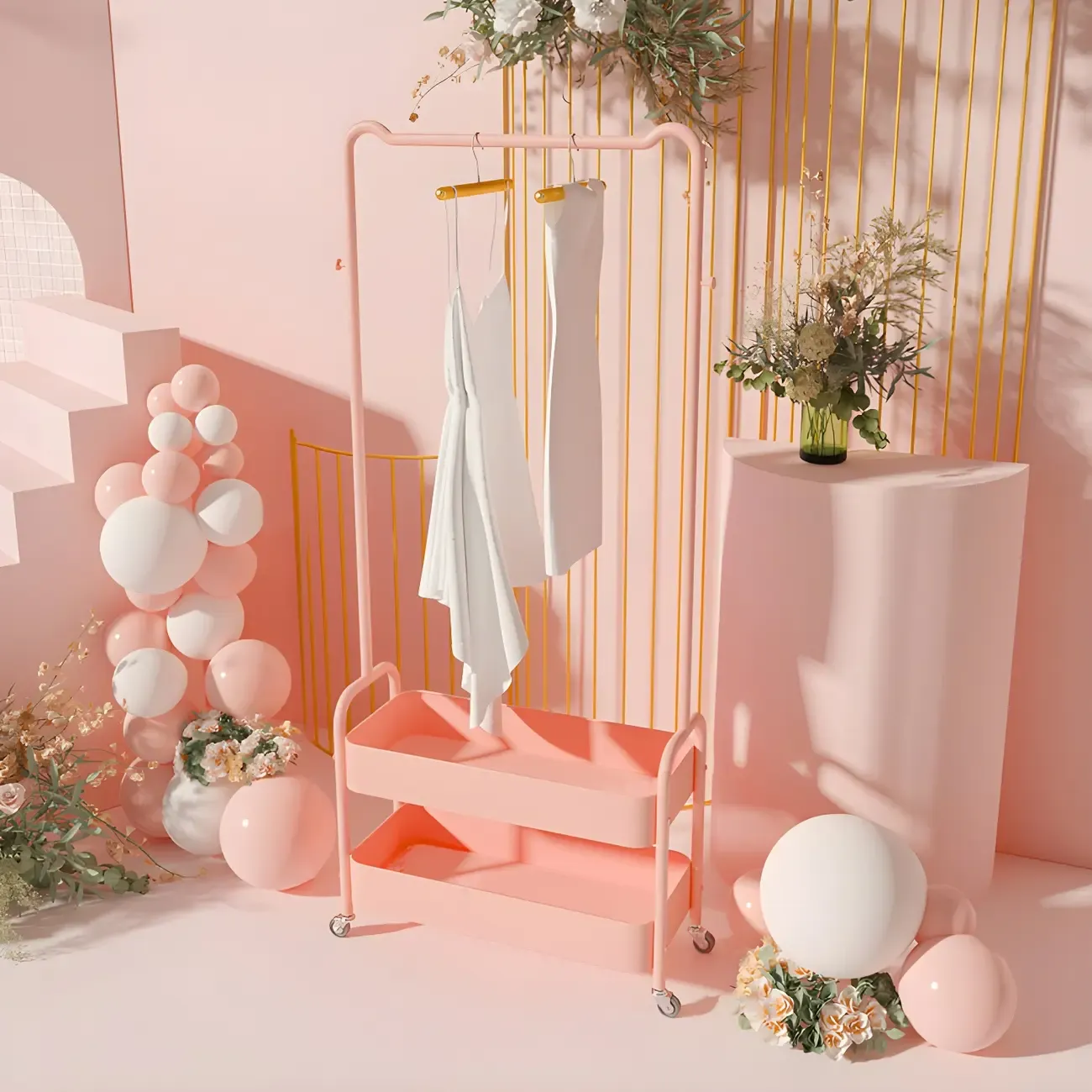 Modern Pink Metal Coat Rack with Shelves Image - 1