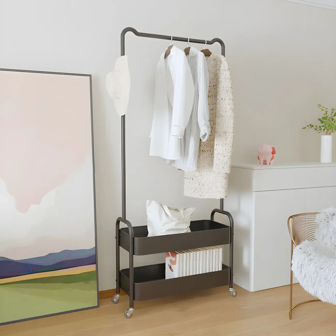 Modern Pink Metal Coat Rack with Shelves Image - 7