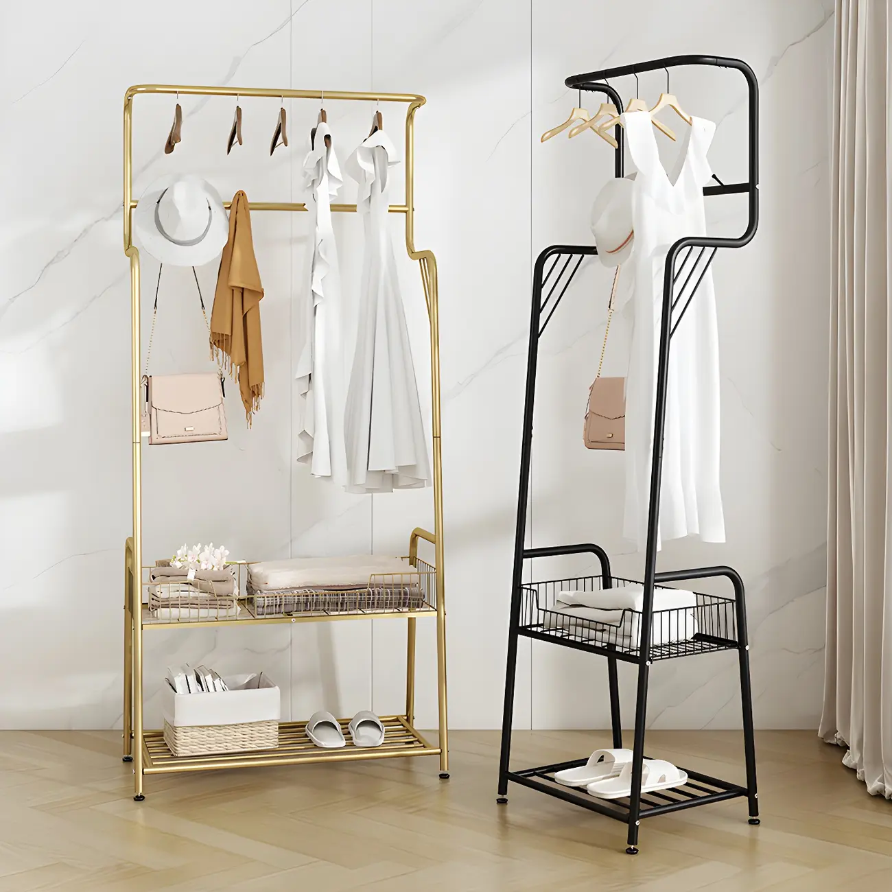 Modern Metal Coat Rack with Storage and Basket Image - 1 | homeyfad