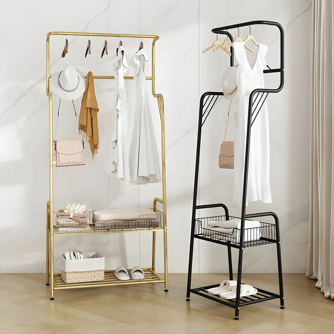 Modern Metal Coat Rack with Storage and Basket Image - 1