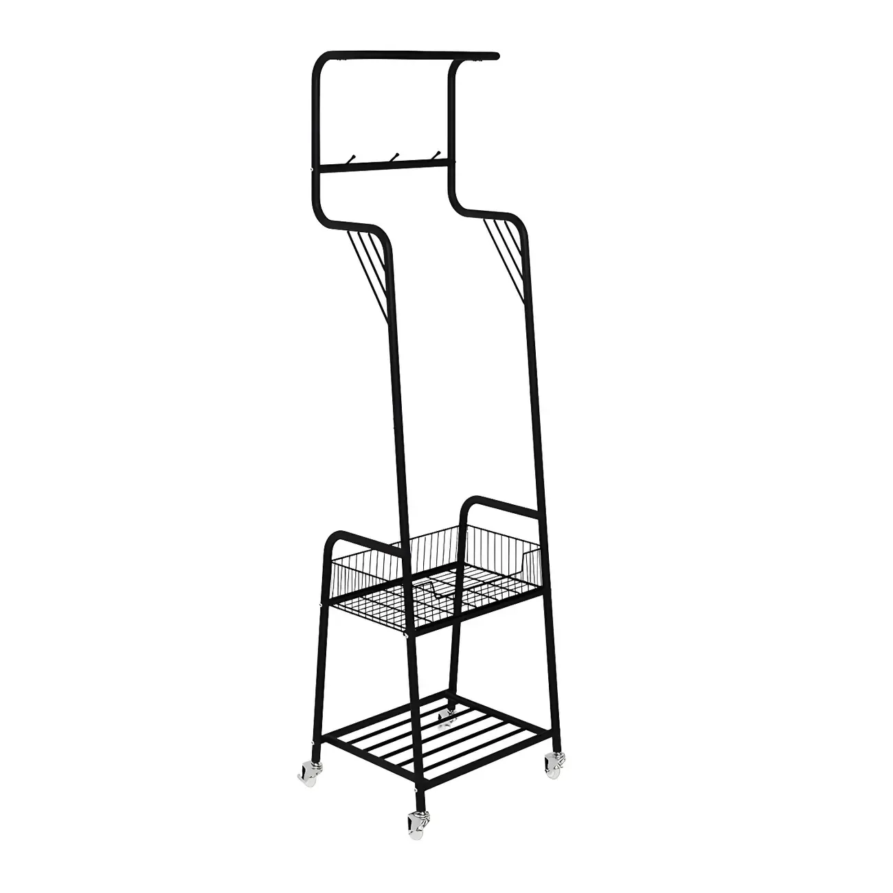 Modern Metal Coat Rack with Storage and Basket Image - 2