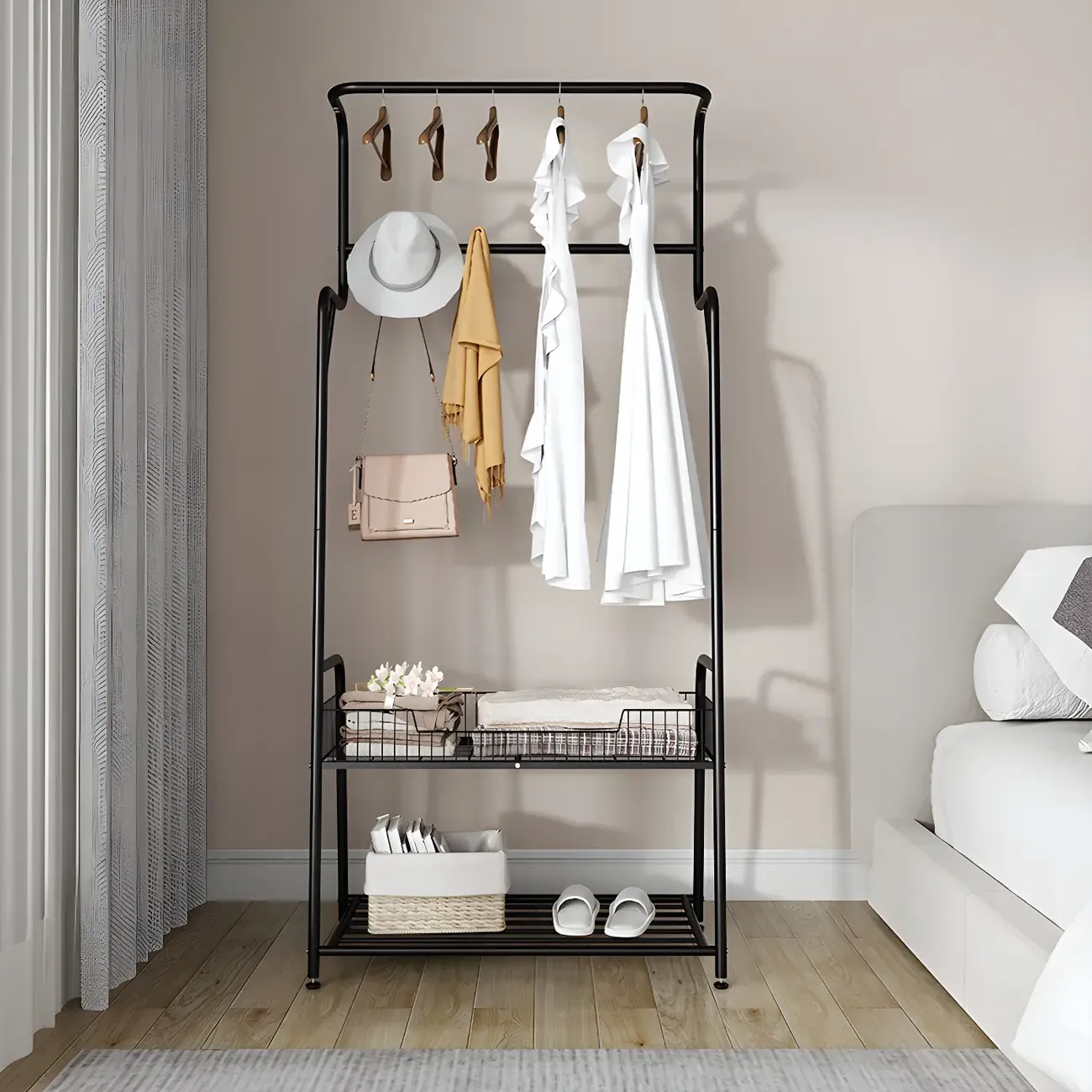 Modern Metal Coat Rack with Storage and Basket Image - 3