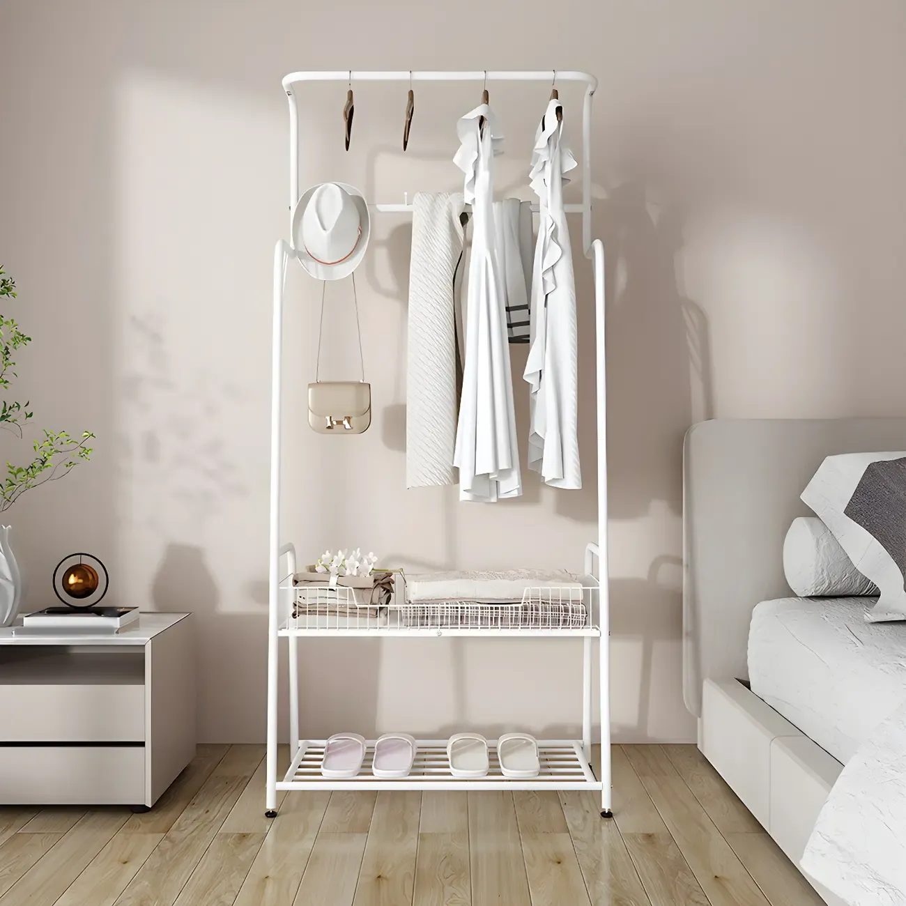 Modern Metal Coat Rack with Storage and Basket Image - 5