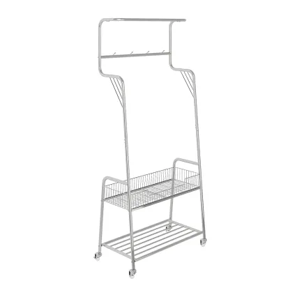 Modern Metal Coat Rack with Storage and Basket Image - 15