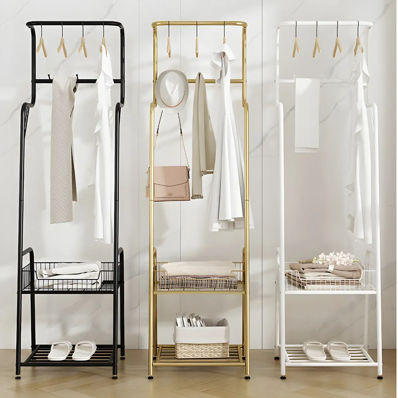 Modern Metal Coat Rack with Storage and Basket Image - 19