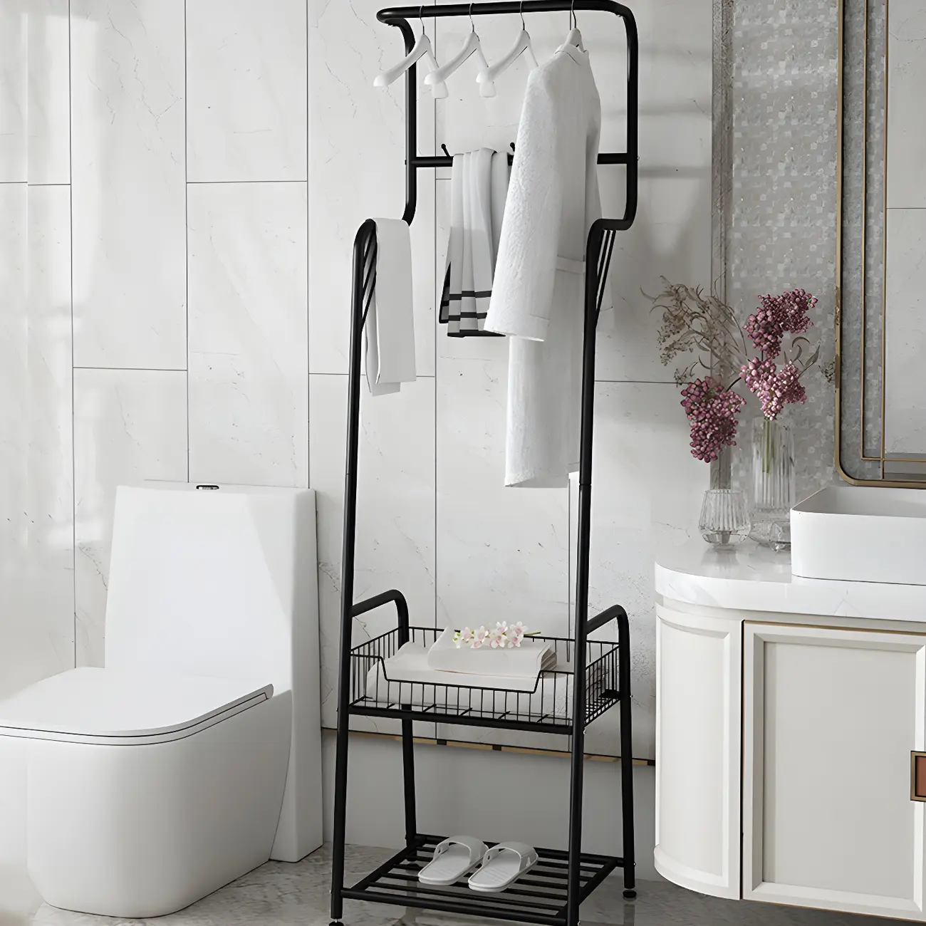 Modern Metal Coat Rack with Storage and Basket Image - 22 | homeyfad