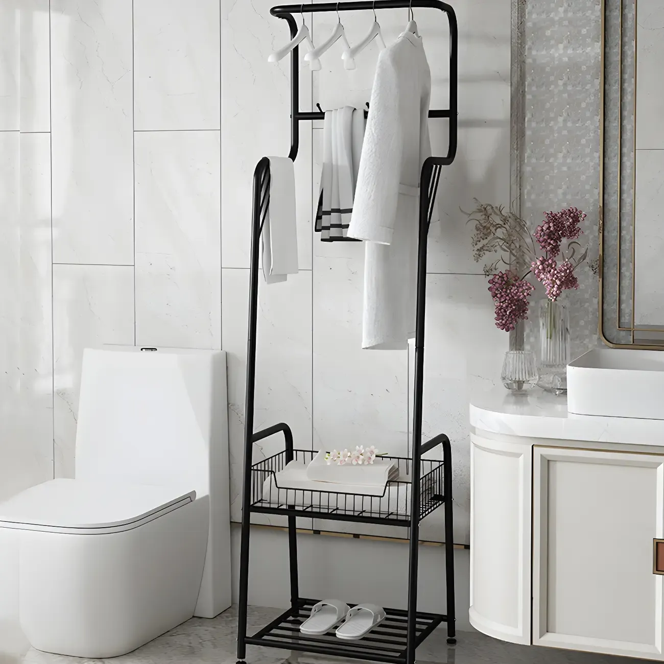 Modern Metal Coat Rack with Storage and Basket Image - 22
