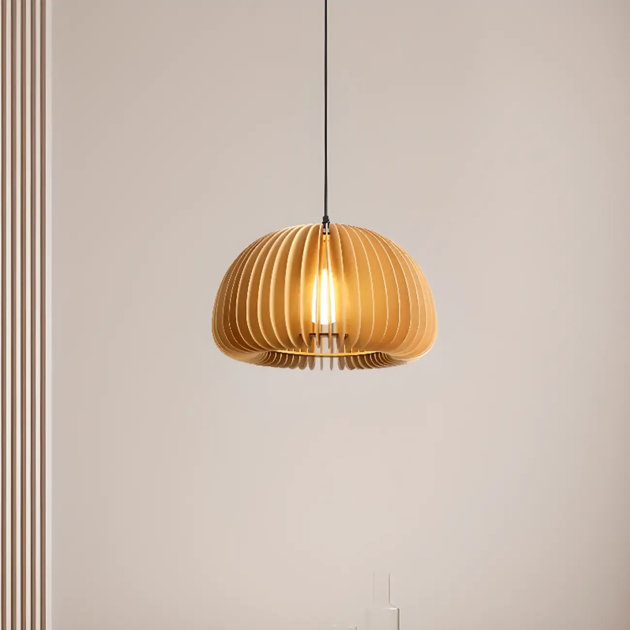 Japanese Style Hollowed Wood Pendant Light with Modern Design for Home Decor Image - 1