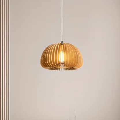 Japanese Style Hollowed Wood Pendant Light with Modern Design for Home Decor Image - 1