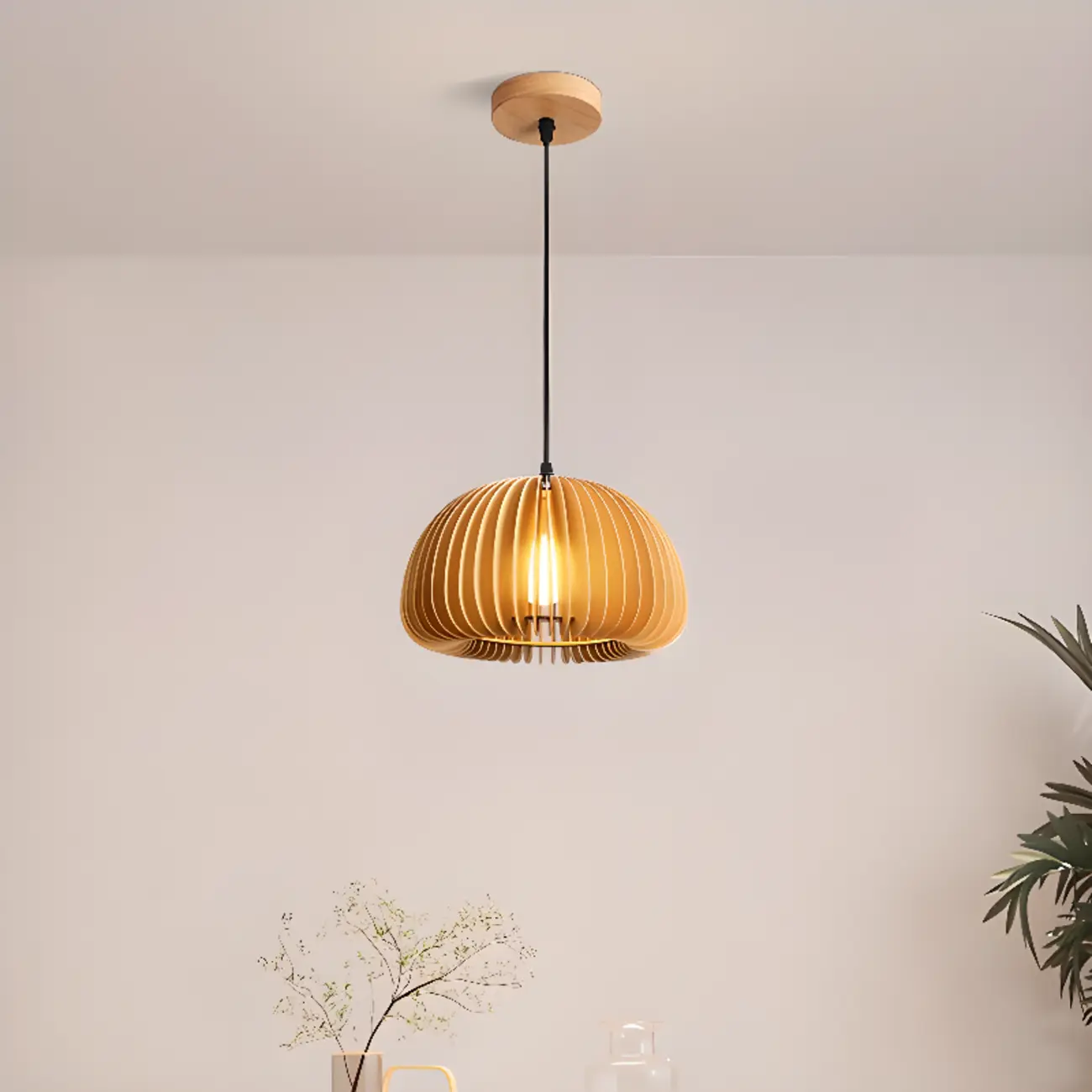 Japanese Style Hollowed Wood Pendant Light with Modern Design for Home Decor Image - 2 | homeyfad