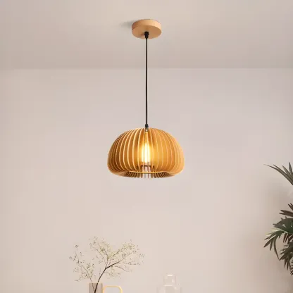Japanese Style Hollowed Wood Pendant Light with Modern Design for Home Decor Image - 2