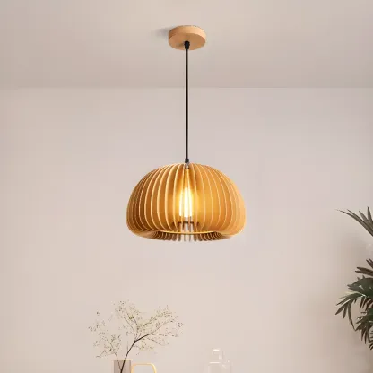 Japanese Style Hollowed Wood Pendant Light with Modern Design for Home Decor Image - 3