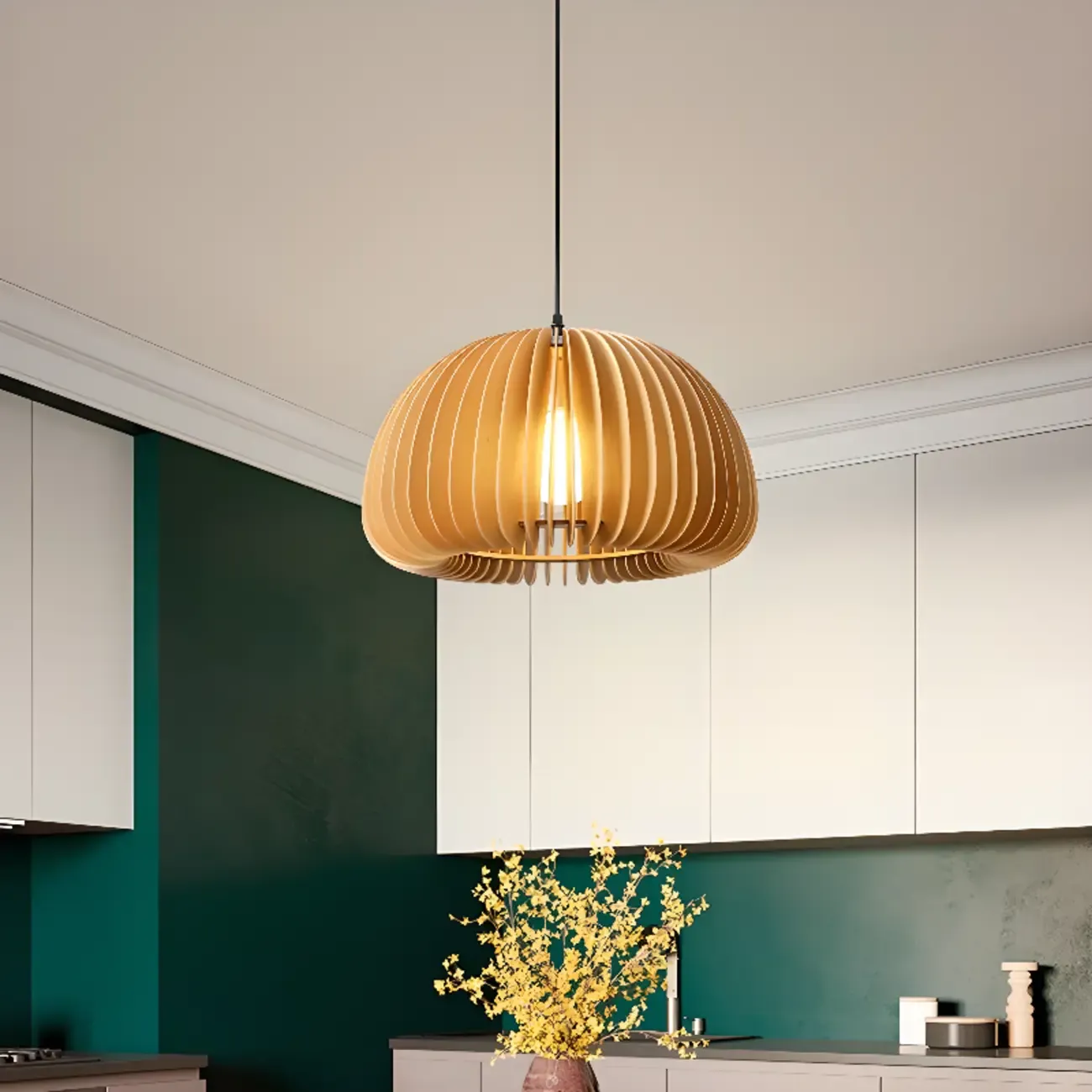 Japanese Style Hollowed Wood Pendant Light with Modern Design for Home Decor Image - 4