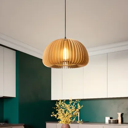 Japanese Style Hollowed Wood Pendant Light with Modern Design for Home Decor Image - 4